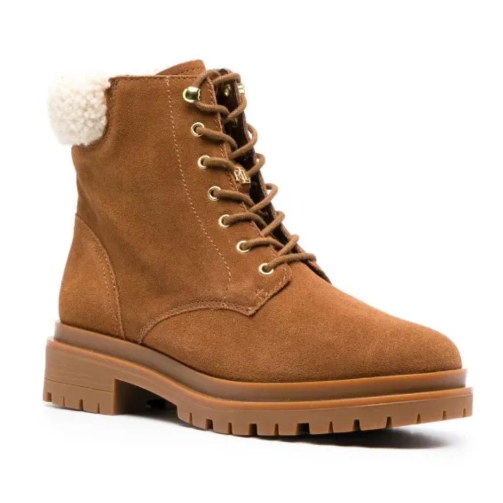 Lauren Ralph Lauren Carlee suede tan combat lace-up 
boots fauxshearling 8.5 New - Picture 12 of 12